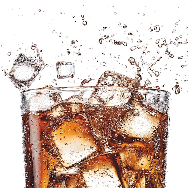 Photo closeup of fizzy cola with ice cubes