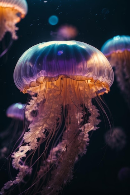 Closeup of a floating pink transparent jellyfish in a dark blue background of the sea