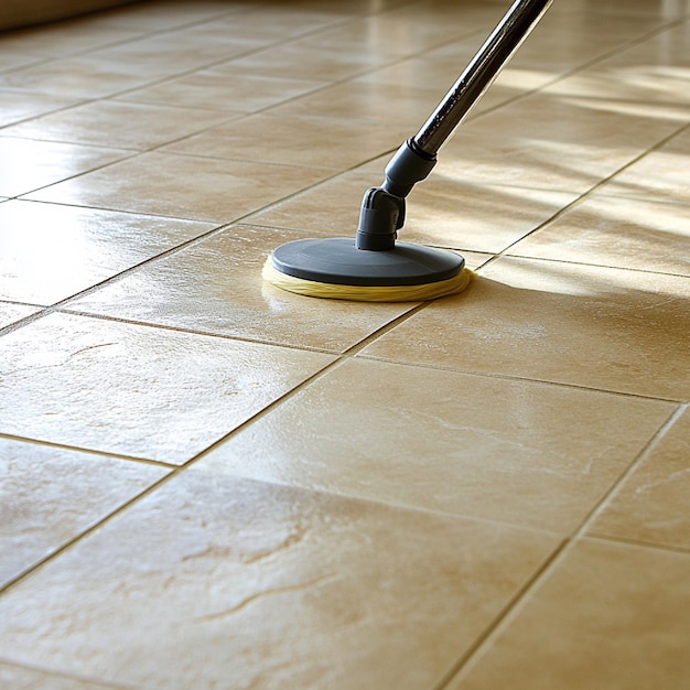 A closeup of a floor being cleaned with a specialized grout cleaner