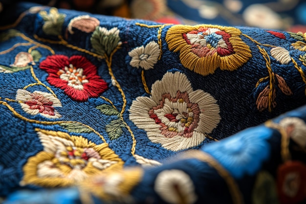 Closeup of floral embroidery on blue fabric