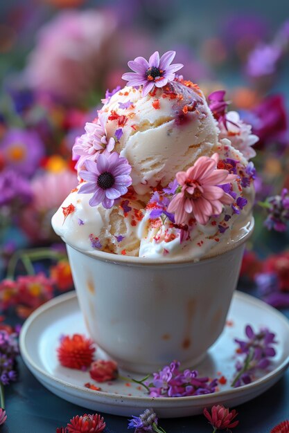 Closeup of floral ice cream in a cup