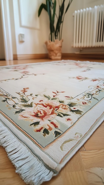 Closeup of a Floral Rug with Fringes White Background