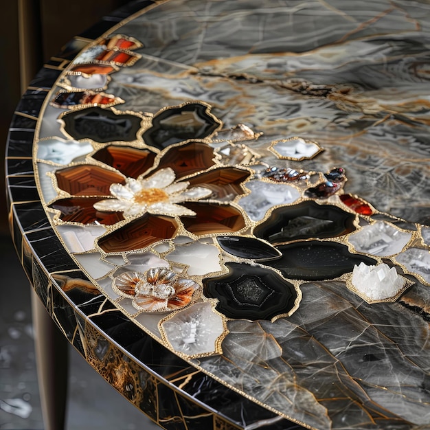 Closeup of floral table decor with petals wood glass and art