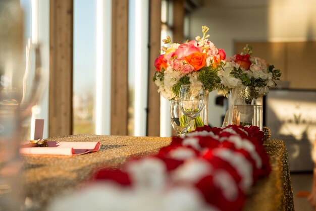 Closeup of the flower decorations on the table