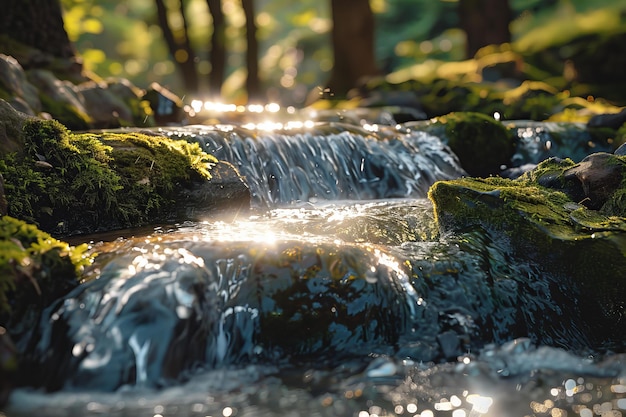 A closeup of flowing water in an outdoor stream surrounded