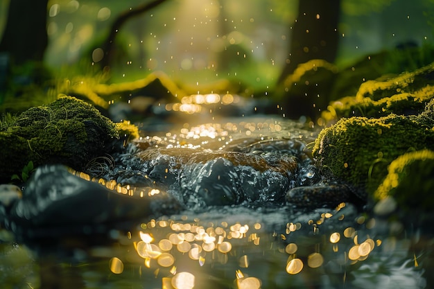 A closeup of flowing water in an outdoor stream surrounded