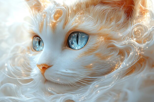 Photo a closeup of a fluffy cat with striking blue eyes and a whimsical dreamy appearance