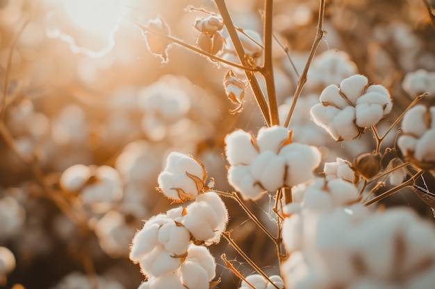 Closeup of fluffy white cotton bolls on plant branches in golden sunlight Agricultural crop