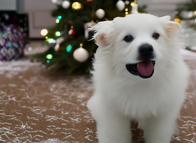 Closeup A fluffy white puppy trudging through a winter wonderland its breath visible in the cold