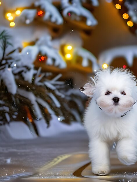 Closeup A fluffy white puppy trudging through a winter wonderland its breath visible in the cold