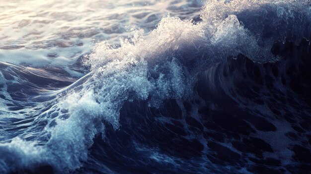 Photo closeup of a foamy wave cresting on deep blue water