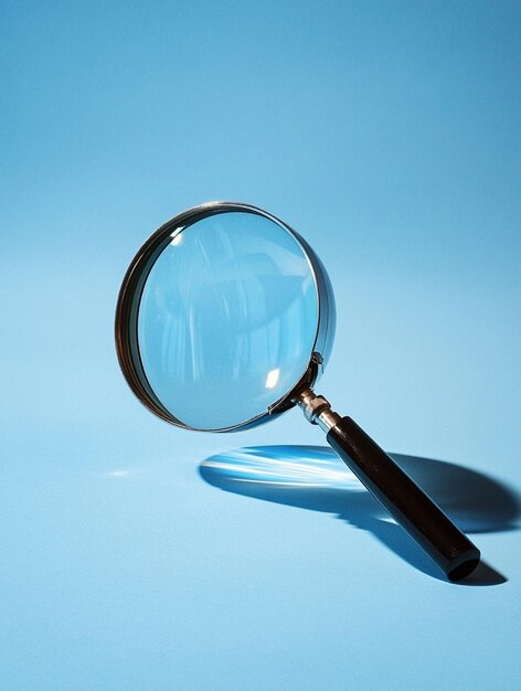 CloseUp Focus Magnifying Glass on Blue Background for Investigation and Analysis