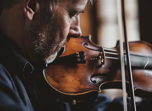 Closeup of focused man playing violin instrument details visible