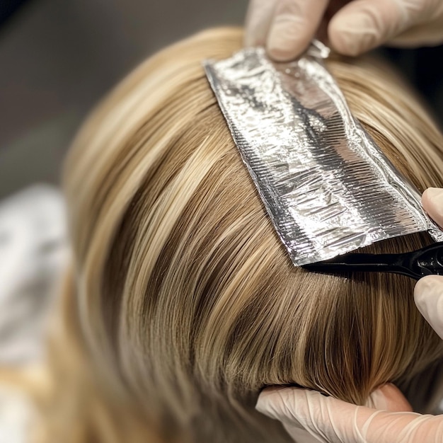 Photo a closeup of foil highlights being placed in a clients hair