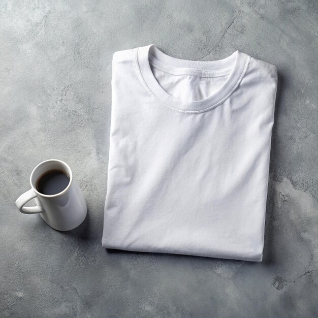 Photo closeup of a folded tshirt mockup on a modern concrete countertop with a stylish mug beside it