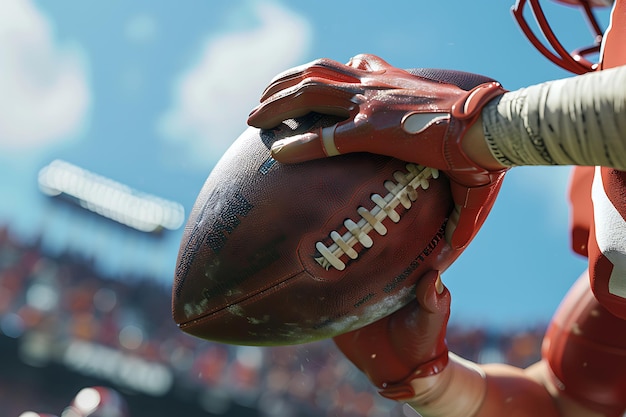 Photo closeup of a football players hand holding a football during a game