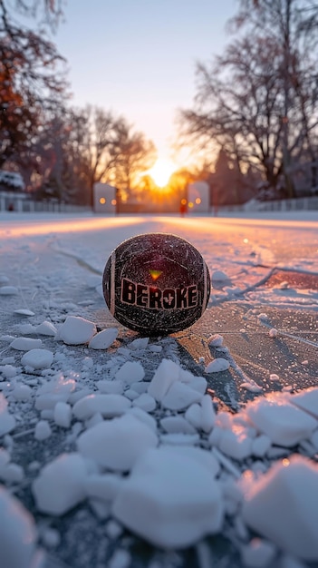 Photo closeup of a football in snowy frozen landscape at sunset