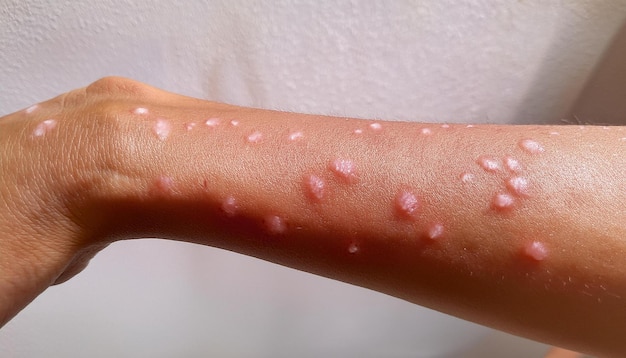 Photo closeup of a forearm with hives from a food allergy