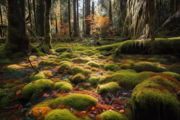 Closeup of a forest floor filled with colorful moss surrounded by towering trees