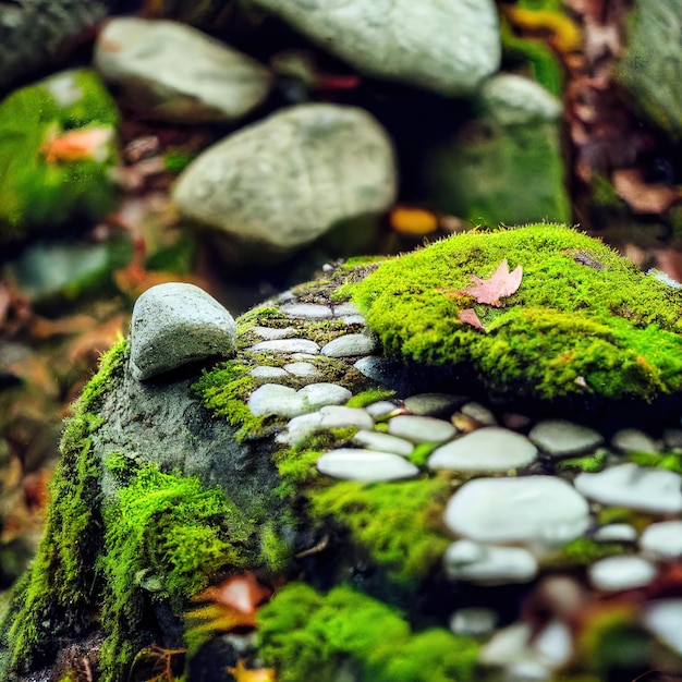 Closeup of forest ground with mossy stones