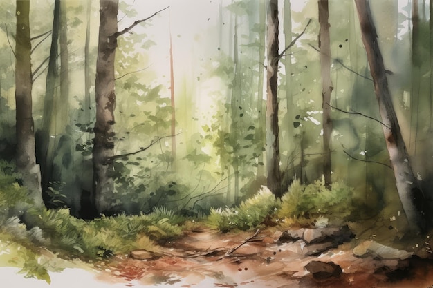 Closeup of forest watercolor scene with details visible