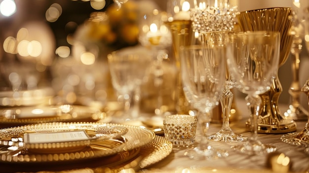 Photo a closeup of a formal dinner table setting with gold and crystal accents creating an elegant and luxurious ambiance