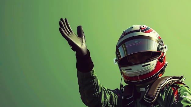 A closeup of a Formula One driver wearing a helmet and gloves raising their hand in celebration