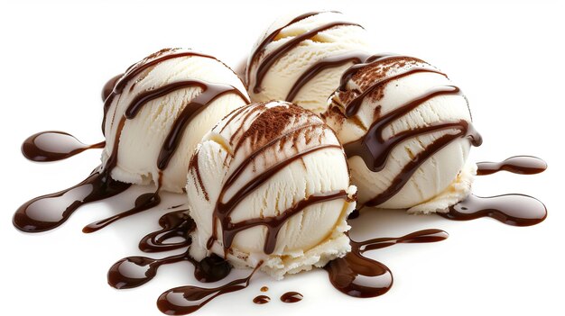 Closeup of four scoops of ice cream drizzled with chocolate syrup on a white background The image captures the delicious dessert in great detail Perfect for food styling and advertising AI