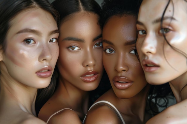 Photo closeup of four women with radiant skin showcasing diverse beauty in a natural intimate portrait