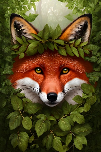 closeup fox portrait in green leaves in jungle