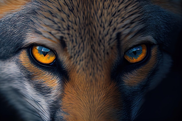 Closeup of a foxs face with its yellow eyes and sharp teeth visible