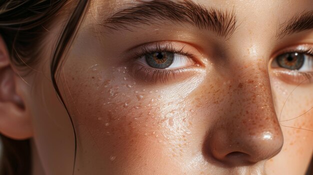 A closeup of a freckled face glistening with moisture capturing the natural beauty and detail of the skin and eye