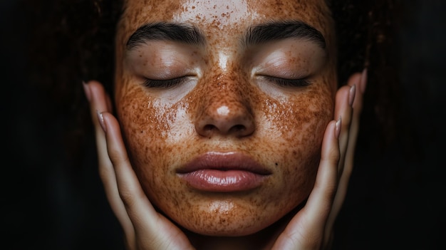 CloseUp of Freckled Face with Hands Gently Touching Cheeks Natural Beauty and Serenity