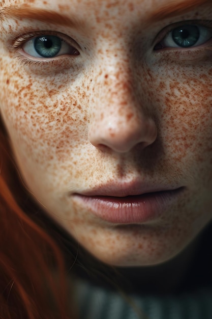 A closeup of a freckled redhead woman showcasing her unique and charming features