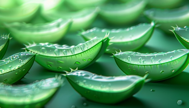 Photo closeup of fresh aloe vera leaves with glistening gel