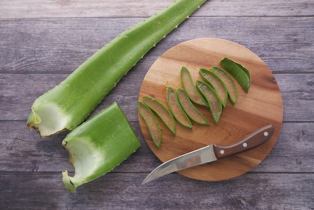 Closeup fresh aloe vera sliced on a chopping board