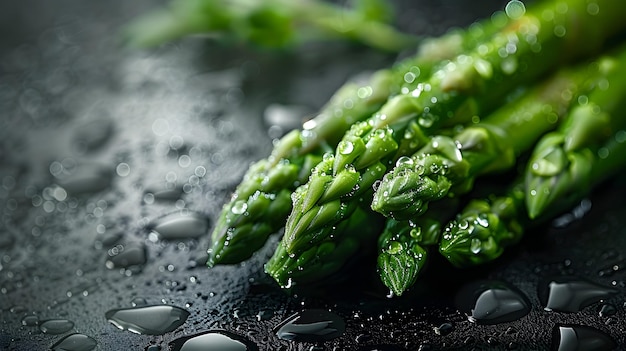 Closeup of Fresh Asparagus with Glistening Water Droplets on Textured Dark Background