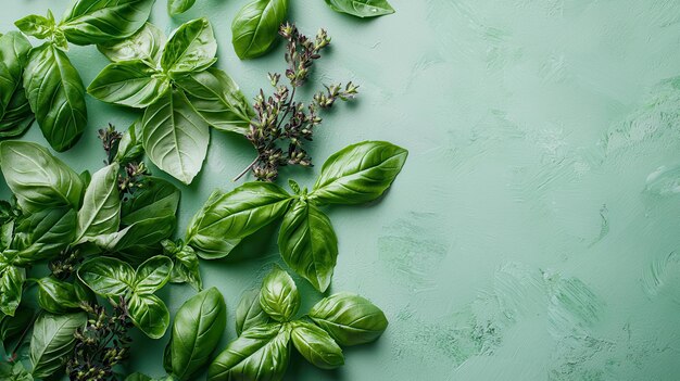 Photo closeup of fresh basil flowers and natural ingredients arranged aesthetically on a clean background with space for text