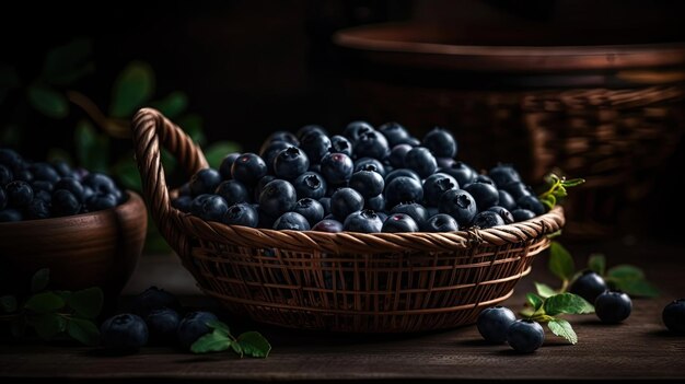 Closeup Fresh Blueberry fruits in a bamboo basket with blur background and good view