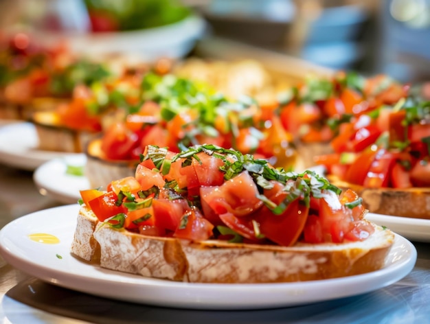 Closeup of a Fresh Bruschetta Topped with Tomatoes and Basil