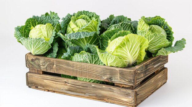 Closeup of fresh Chinese cabbages in a wooden crate isolated on white showcasing vibrant colors and organic goodness