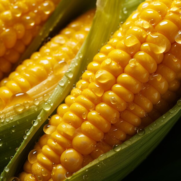 Closeup of fresh corn on the cob with water drops