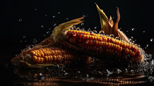 Closeup Fresh Corn hit by splashes of water with black background and blur