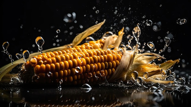 Closeup Fresh Corn hit by splashes of water with black background and blur