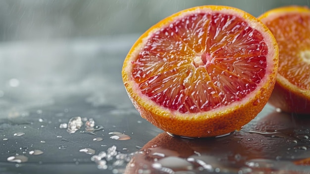 Photo closeup of a fresh cut blood orange with water droplets on a reflective surface capturing its vibrant color and texture