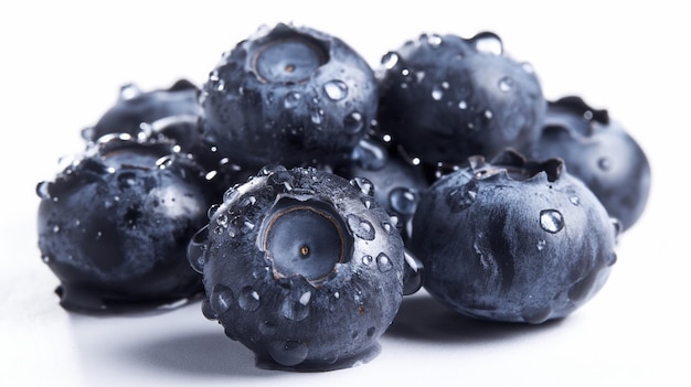 Closeup of fresh dark blue blueberries with water droplets isolated white background