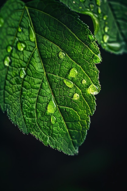 Closeup of Fresh Dew Drops on a Green Leaf