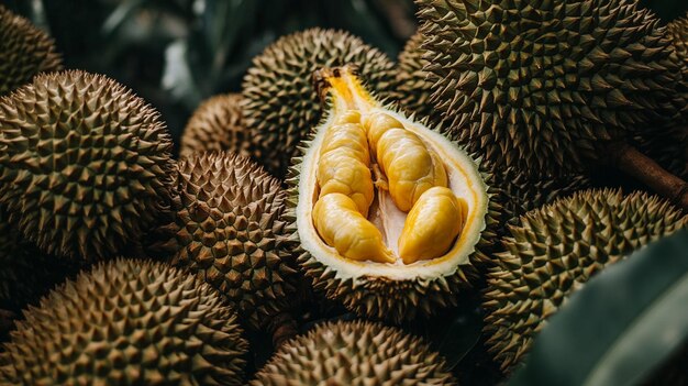 Photo closeup of fresh durians with one cut open