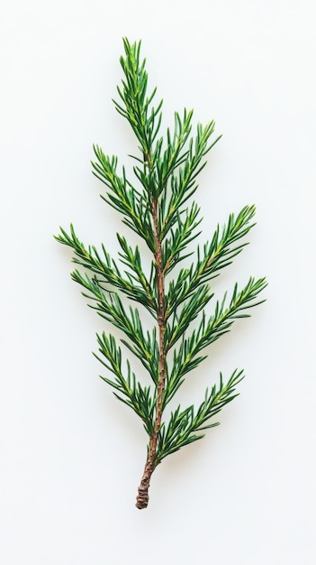 Closeup of a fresh evergreen branch against a white background showcasing its vibrant green needles and texture details