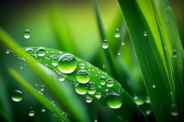 Closeup fresh grass with dew drops Large drop morning dew in nature Spring summer natural background Generative AI